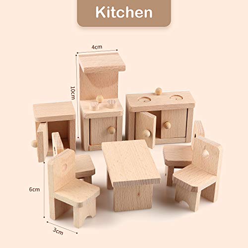 5 Set Dollhouse Furniture Accessories Wooden Bathroom/Living Room/Dining Room/Bedroom/Kitchen House 6 Family Doll Decoration Pretend Play Kids Gemileo