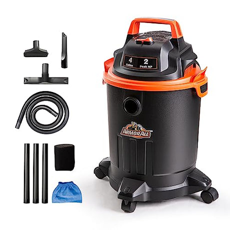 Armor All VO405P 0901 4 Gallon Wet/Dry Vac 2.0 Peak HP Shop Vacuum with Nozzles & Brush,Black/Orange Armor All