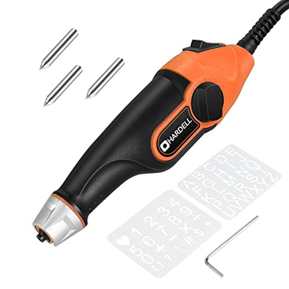 HARDELL 24W Engraver Pen, 5 Speed Engraving Tool with Letter/Number Stencil, Soft Handle Engraver Tool with Tungsten Carbide Steel Bits for Metal,