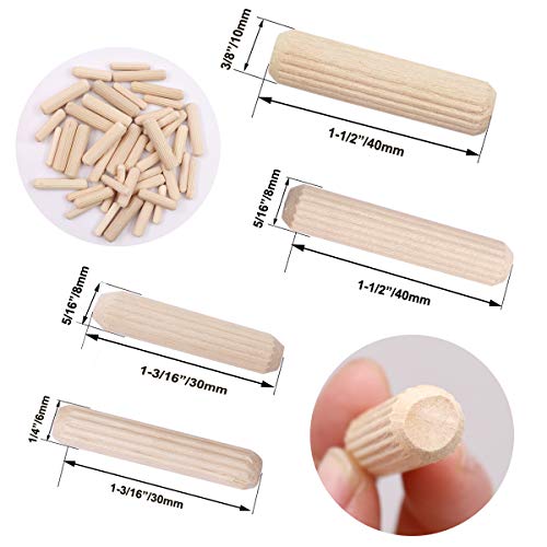 smseace 400PCS Straight Groove Wooden Dowel Pins with Tapered End with Bevel Angle, 1/4 "5/16" 3/8 "(6mm, 8mm, 10mm) Wooden Dowel Pins, Used for smseace