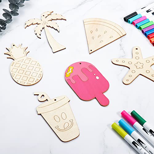36 Pieces Summer Wood Hanging Ornaments Beach Wooden Slices with String Holiday Hawaiian Party Decorations Tropical Painted Themed Luau Party HooAMI
