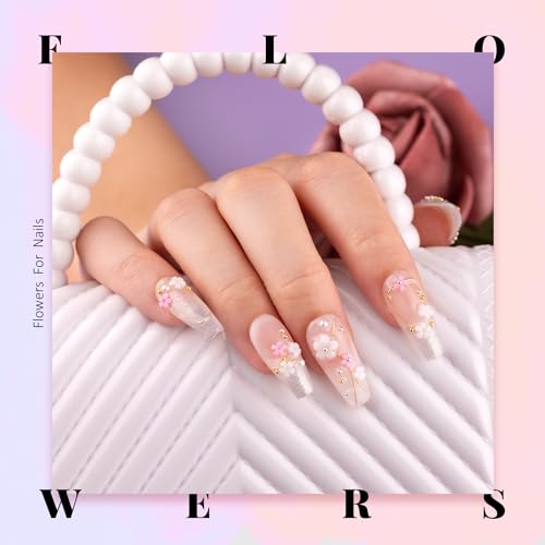 3D Nail Charms, Manicure Kit with Nail Rhinestone Glue Gel (UV Curing), Butterfly White Pink Flower Starry AB Gems Caviar Beads Half Round Pearl & BELLEBOOST