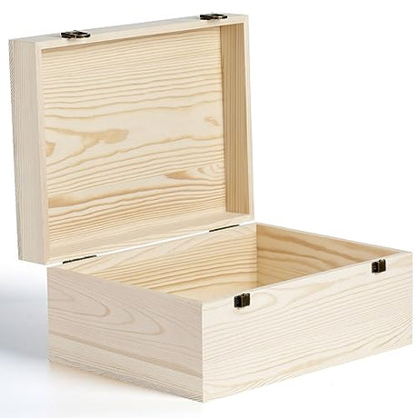 BeNiNat 2 Pack Unfinished Wood Box with Lid LargeWooden Box(14”x10.4”x 6.5"+12"x 9"x4.9") Pine Wooden Storage Box Wood Boxes for Crafts, Jewelry, BeNiNat