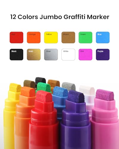 BIGTHUMB Jumbo Graffiti Poster Markers Set: 12 Colors Large15mm Wide Tip Permanent Ink Thick Acrylic Paint Pens for Rock Painting, Stone, Glass, BIGTHUMB