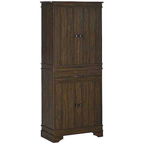 HOMCOM 72" Farmhouse Kitchen Pantry, 4-Door Rustic Storage Cabinet with Drawer and 3 Shelves, Walnut HOMCOM