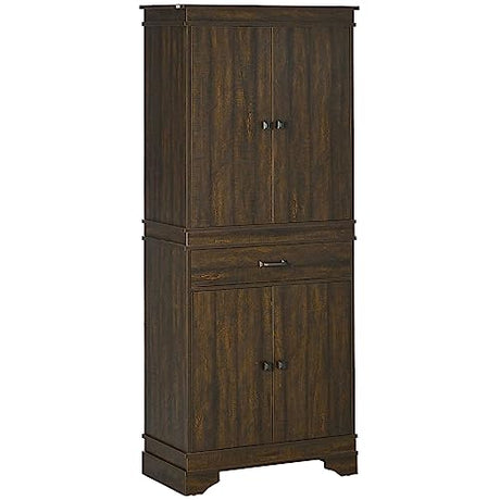 HOMCOM 72" Farmhouse Kitchen Pantry, 4-Door Rustic Storage Cabinet with Drawer and 3 Shelves, Walnut HOMCOM