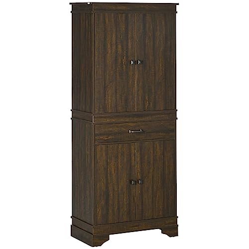 HOMCOM 72" Farmhouse Kitchen Pantry, 4-Door Rustic Storage Cabinet with Drawer and 3 Shelves, Walnut - WoodArtSupply