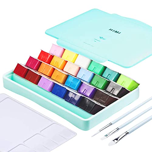 HIMI Gouache Paint Set 24 Vibrant Colors Non Toxic Paints Jelly Cup Design with Palette Paint Brushes Portable for Artist Canvas Painting Watercolor INK LAB