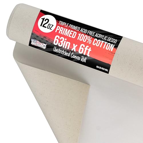 U.S. Art Supply 63" Wide x 2 Yards (6 Feet) Long Unstretched Canvas Roll - 100% Cotton, 12-Ounce Triple Primed Gesso, Acid-Free - Pro Artist Quality, - WoodArtSupply