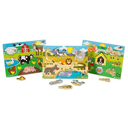 Melissa & Doug World of Animals Wooden Peg Puzzles Set - Pets, Farm, and Safari - WoodArtSupply