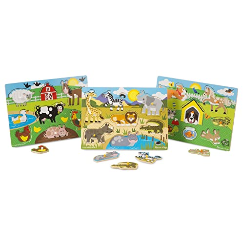 Melissa & Doug World of Animals Wooden Peg Puzzles Set - Pets, Farm, and Safari - WoodArtSupply