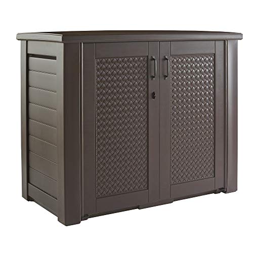 Rubbermaid Extra Large Decorative Patio Storage Cabinet, Weather Resistant, 123 Gal., Dark Teakwood, for Garden/Backyard/Home/Pool Rubbermaid