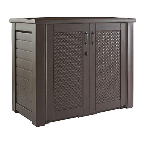 Rubbermaid Extra Large Decorative Patio Storage Cabinet, Weather Resistant, 123 Gal., Dark Teakwood, for Garden/Backyard/Home/Pool - WoodArtSupply