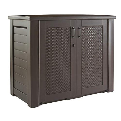 Rubbermaid Extra Large Decorative Patio Storage Cabinet, Weather Resistant, 123 Gal., Dark Teakwood, for Garden/Backyard/Home/Pool Rubbermaid