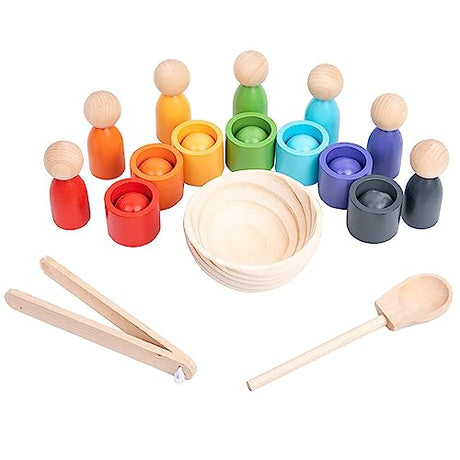 Montessori Balls in Cups Wooden Peg Dolls in Cups, Toddler Color Sorting Toys and Matching Game, Preschool Learning Activities Educational Fine Motor BBtinker