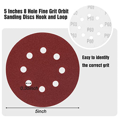 Hongway 72pcs Sanding Discs Set 5 Inch Orbital Sander Sandpaper, Hook and Loop Orbit Sander Pads, 60 120 180 240 320 400 600 800 Grit 8 Hole for