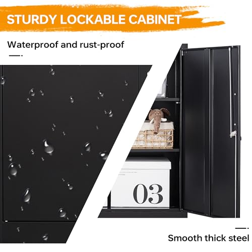 STANI Metal Storage Cabinet with 2 Adjustable Shelves, Steel Counter Cabinet with Lockable Doors for Home Office (Black) STANI