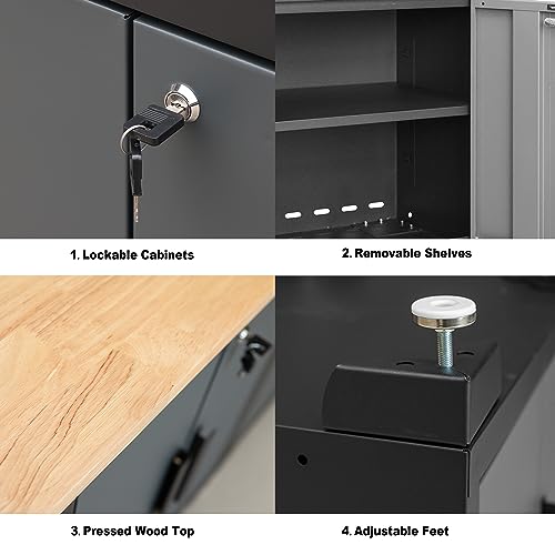 Torin AGP0112B Garage Cabinet Storage System with Lockers,Shelves and Wood Workbench, 76.8" L×18.5" W×75.79" H, Black/Grey Torin