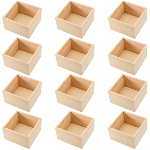 SINJEUN 12 Pack 4" x 4" Rustic Wooden Box Unfinished Small Wooden Box Wood Square Organizer Container for Crafts, Storage, Home Decor, Centerpiece, SINJEUN