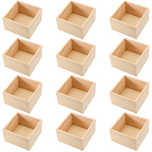 SINJEUN 12 Pack 4" x 4" Rustic Wooden Box Unfinished Small Wooden Box Wood Square Organizer Container for Crafts, Storage, Home Decor, Centerpiece, - WoodArtSupply