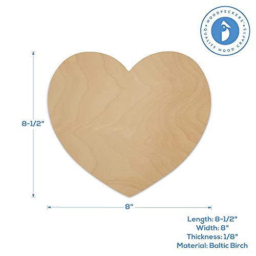 DIY Wooden Heart Cutouts for Crafts 8 inch, 1/8 inch Thick, Pack of 3 Unfinished Shapes for Valentines Day Party Décor, by Woodpeckers - WoodArtSupply