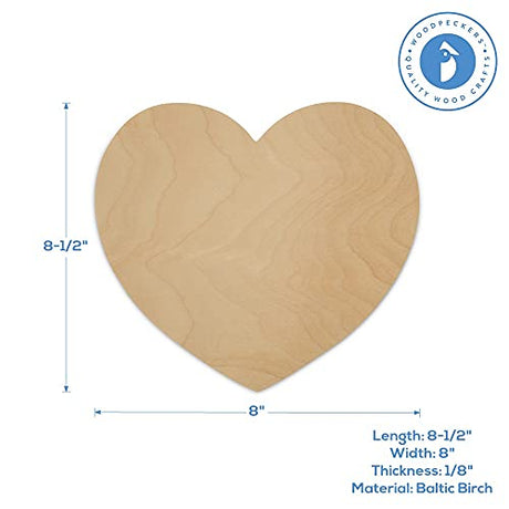 DIY Wooden Heart Cutouts for Crafts 8 inch, 1/8 inch Thick, Pack of 3 Unfinished Shapes for Valentines Day Party Décor, by Woodpeckers Woodpeckers
