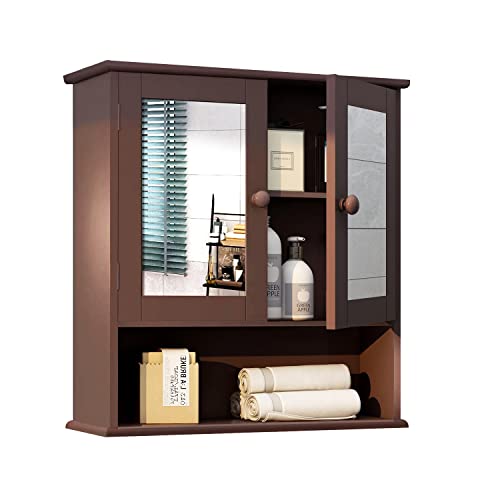 TaoHFE Brown Medicine Cabinets for Bathroom with Mirror 2 Doors 3 Open Shelf Bathroom Hanging Cabinet Wall Mounted Wooden Bathroom Storage Cabinet