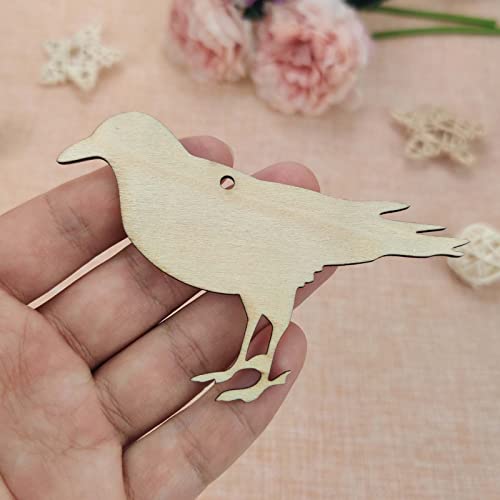 40pcs Crow Wood DIY Crafts Cutouts Blank Wooden Crow Shaped Hanging Ornaments with Hole Hemp Ropes Gift Tags for DIY Projects Easter Halloween Party