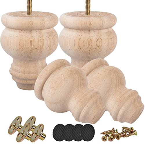 3 inch Mini Unfinished Wooden Bun Feet, Btowin 4Pcs Solid Wood Furniture Legs with Threaded 5/16'' Hanger Bolts & Mounting Plate & Screws for Sofa