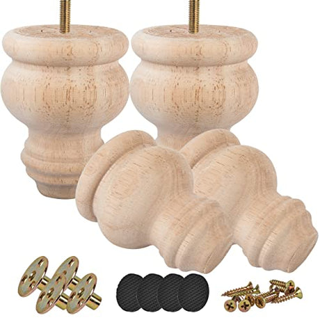 3 inch Mini Unfinished Wooden Bun Feet, Btowin 4Pcs Solid Wood Furniture Legs with Threaded 5/16'' Hanger Bolts & Mounting Plate & Screws for Sofa Btowin