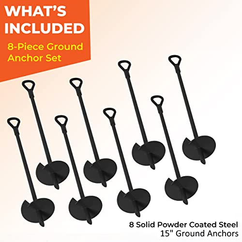 VASGOR 15” Ground Anchors (8pcs) Easy to Use with Drill, 3" Helix Diameter, Heavy Duty Anchor Hook for Camping Tent, Canopies, Car Ports, Sheds, VASGOR