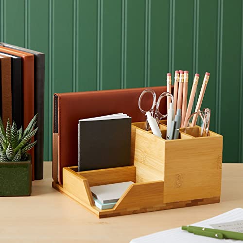 Juvale Bamboo Desk Organizer, Wooden Desk Accessories Workspace Organizers, Holder for Pencils, Pens, Tabletop Storage with 7 Compartments for Office - WoodArtSupply