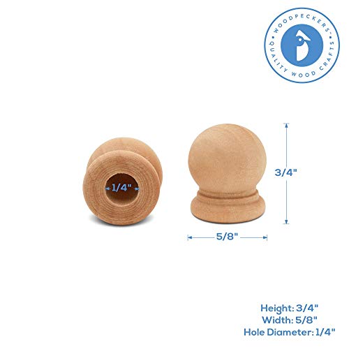 Wood Finials, 3/4 Inch Tall with 1/4 Inch Hole, Unfinished Wood Finials for 1/4 Inch Dowel Rods, Wood Dowel Caps for Crafts and DIY, Pack of 50 by Woodpeckers