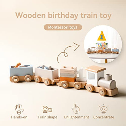 Samonyed Montessori Stacking Toys for Toddlers 1-5 Wooden Train Set for Babies Wood Train Toys Classic Wooden Cars with Numbers and Blocks for Boys