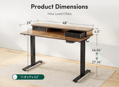 FEZIBO 48 x 24 Inch Height Adjustable Electric Standing Desk with Double Drawer, Stand Up Desk with Storage Shelf, Sit Stand Desk, Rustic Brown