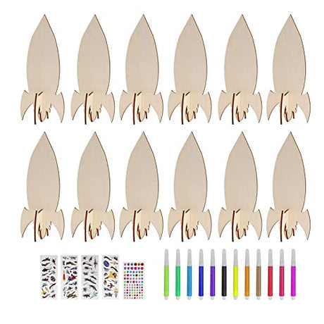 Aosekaa 12x Unfinished Wooden Cutouts Unpainted Wooden Paint Crafts Wood Pieces Rockets Wood Shapes for Outer Space, Painting, DIY, Drawing Signs Aosekaa