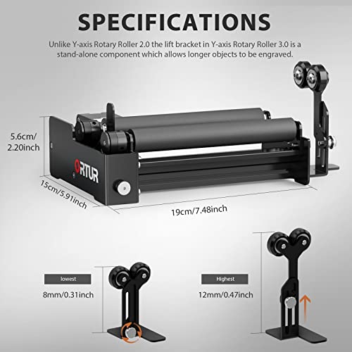 Ortur Laser Rotary Roller YRR 3.0, Pre-Assembled 360° Y-axis Rotary for Cylinder Engraving, Adjustable Diameters from 1mm-41mm, Max Length of - WoodArtSupply