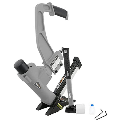 NuMax SFL618 Pneumatic 3-in-1 15.5-Gauge and 16-Gauge 2" Flooring Nailer / Stapler with Flooring Mallet and Interchangeable Base Plates, Grey - WoodArtSupply