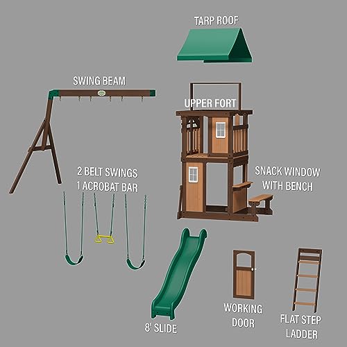 Backyard Discovery Lakewood Cedar Wood Swing Set, Covered Upper Deck with White Trim Window, Slide with Rails, Lower Fort Area with Door and Attached Backyard Discovery