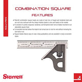 Starrett Steel Combination Square with Square Head - 4" Blade Length, Cast Iron Heads, Hardened Steel, Reversible Lock Bolt, 4R Graduation Type - Starrett