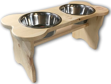 Primitive Bone Shaped Pine Wood Dog Bowl Stand for Medium, Large Dogs Rustic Natural, Wooden Feeder Dish Holder Unfinished Rhino Wood Industries