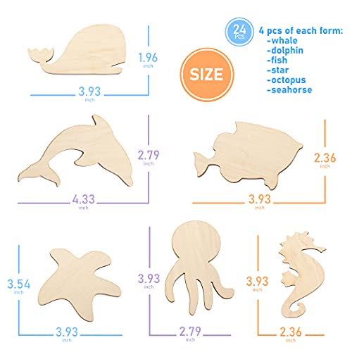 PLYDOLEX 24 Pieces Unfinished Wooden Cutouts Sea Animals Cutouts - 6 Shapes of Fish Cutouts: Wooden Stars, Dolphin Cutout, Octopus Cutout and Others Plydolex