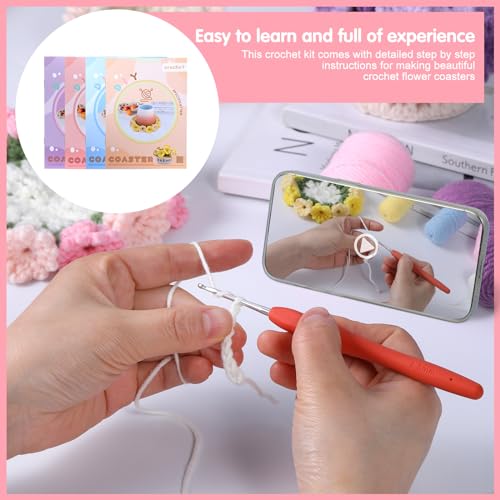 Crochet Kit for Beginners-4PCS Coaster Flower Pot Crochet Kits Coaster Crochet Starter Kit with Crochet Yarns ,Hooks, Easy Videos Tutorials to Iuuidu