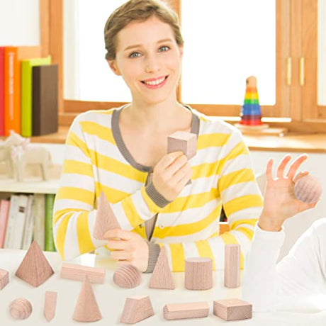 Syhood 15 Pcs 3D Shapes Geometric Solids Wooden Shapes Large Size Burlywood Color Geometric Shapes Blocks Set Montessori Learning Toy Pattern Blocks Syhood