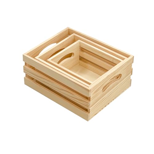 Set of 3 Wooden Pallet Crates Nesting Unfinished Wood Trays Storage for DIY Crafts (Large Size 9.4 x 7.8 x 4.3 in)