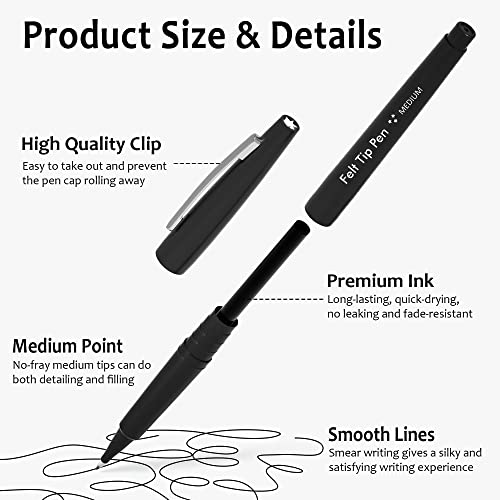 Lelix Felt Tip Pens, 15 Black Pens, 0.7mm Medium Point Felt Pens, Felt Tip Markers Pens for Journaling, Writing, Note Taking, Planner, Perfect for - WoodArtSupply