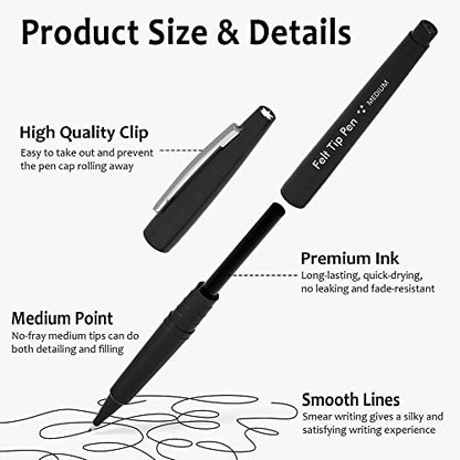 Lelix Felt Tip Pens, 15 Black Pens, 0.7mm Medium Point Felt Pens, Felt Tip Markers Pens for Journaling, Writing, Note Taking, Planner, Perfect for - WoodArtSupply