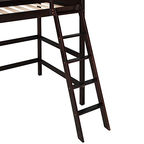 Merax Espresso Twin Modern Wood Loft Bed with Guardrail and Ladders Merax