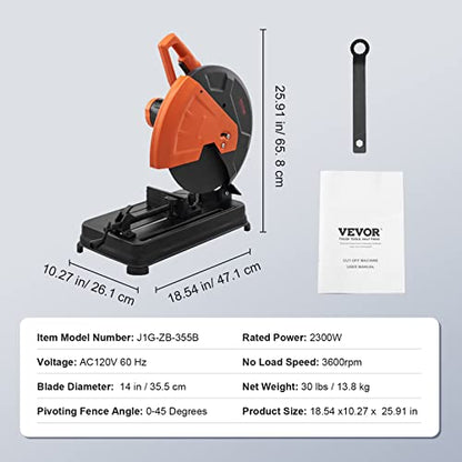 VEVOR Abrasive Chop Saw, 14in / 35cm Blade Cut Off Saw, 2300W 3600RPM Steel Cutting Machine, 0-45 Degrees Adjustable Angle Miter Saw for Cutting - WoodArtSupply