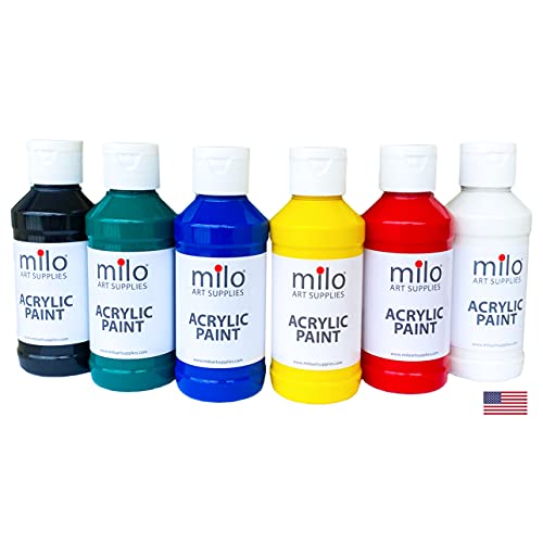 milo Acrylic Paint Set of 6 Colors | 4 oz Bottles | Student Primary Colors Acrylics Painting Pack | Made in the USA | Non-Toxic Art & Craft Paints milo